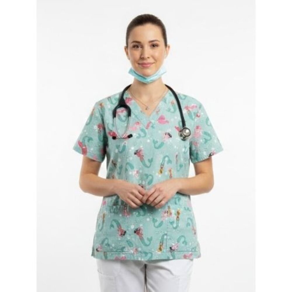 Nurse Hospital Scrubs Top Mermaid And Bubbles Pattern Teal and Pink